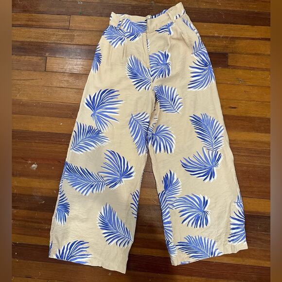 FRNCH Wide Leg Palm Leaf Pants, Crinkle, Taupe and Blue, Boho, High Rise Small - Picture 2 of 9